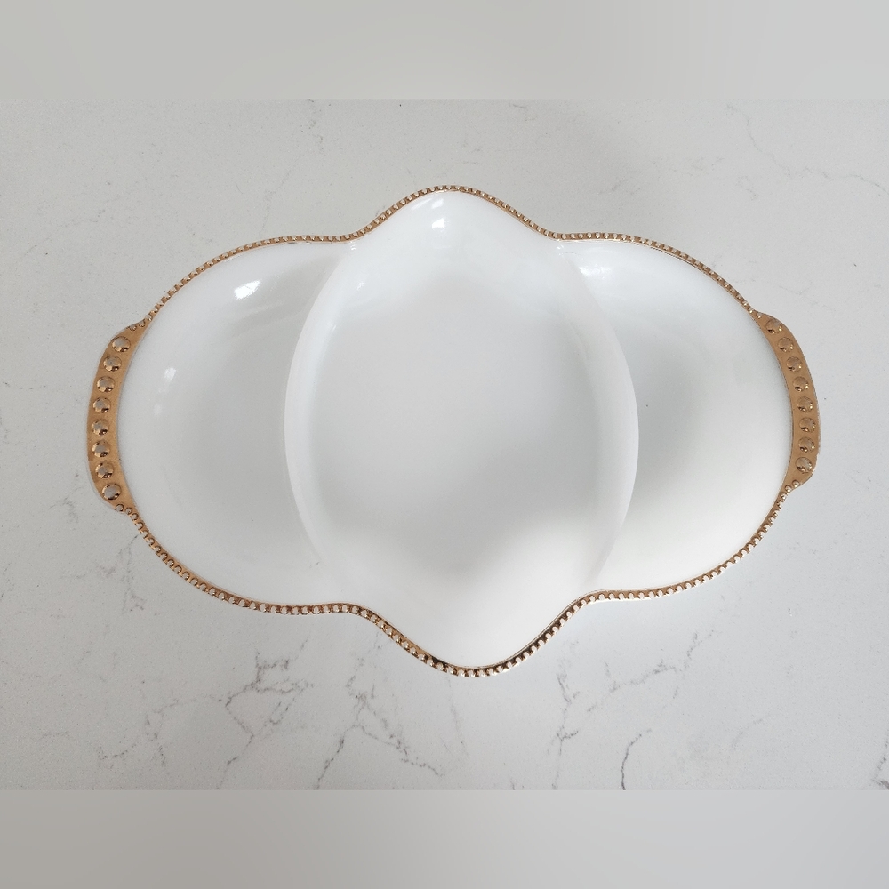 Vintage Anchor Hocking FireKing White Milk Glass Relish Dish 22K Gold Beaded Rim